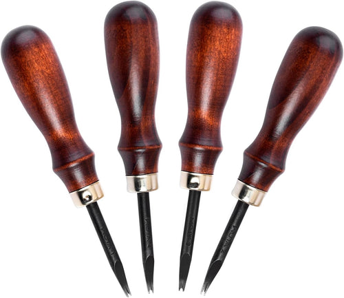 Leather Edge Bevelers, 4Pc High Carbon Steel Edge Skiving Set, Wood Hand Edge Bevelers, Leather Craft Keen Edge Cutting for Beveling (0.8Mm+1Mm+1.2Mm+1.4Mm)