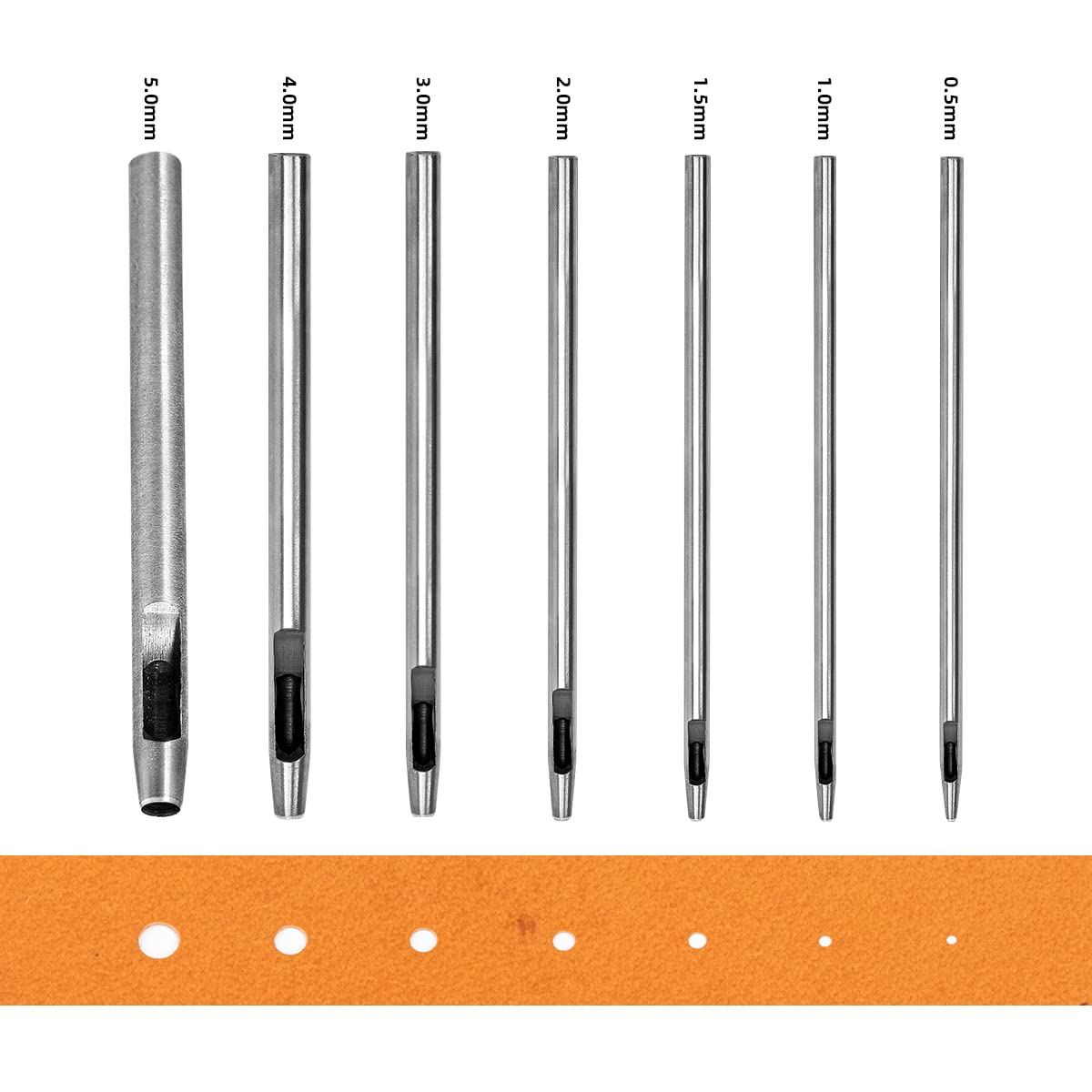7Pcs Hollow Punch Leather Hole Cutter 0.5Mm-5Mm round Punch Tool Set,Leathercraft Working Kit for Watch Band, Fabric, Plastics, Gasket Belt