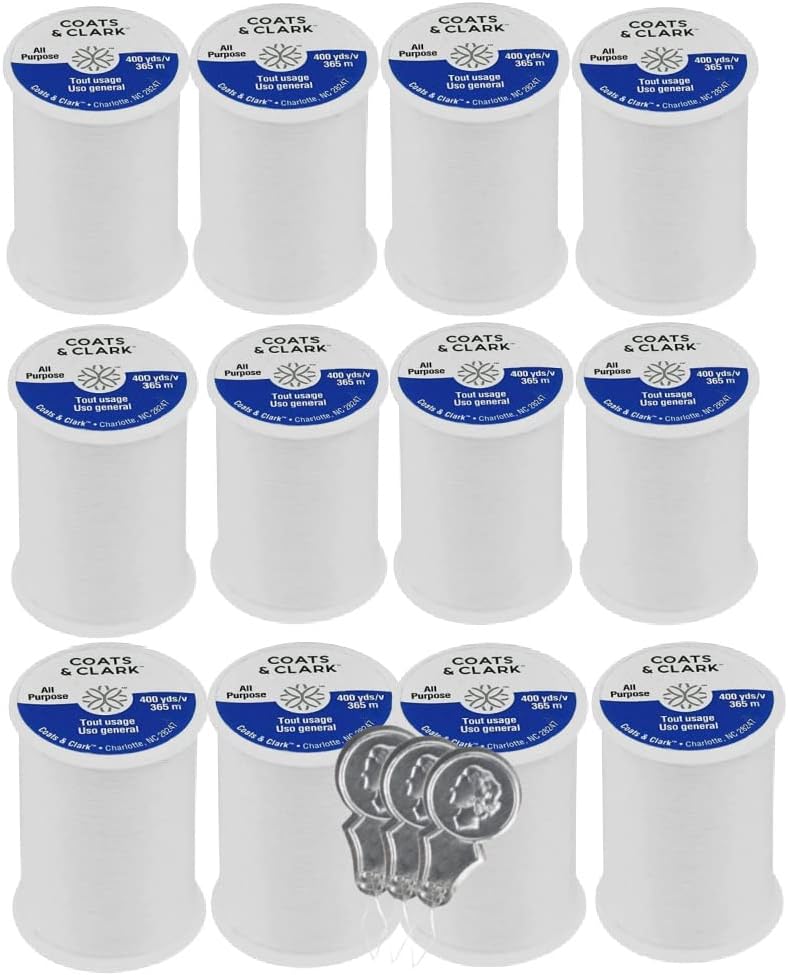 Coats & Clark Dual Duty All Purpose Sewing Thread 230A White 400 Yards Each Spool 12 Pack Bundle with  Needle Threaders (White)