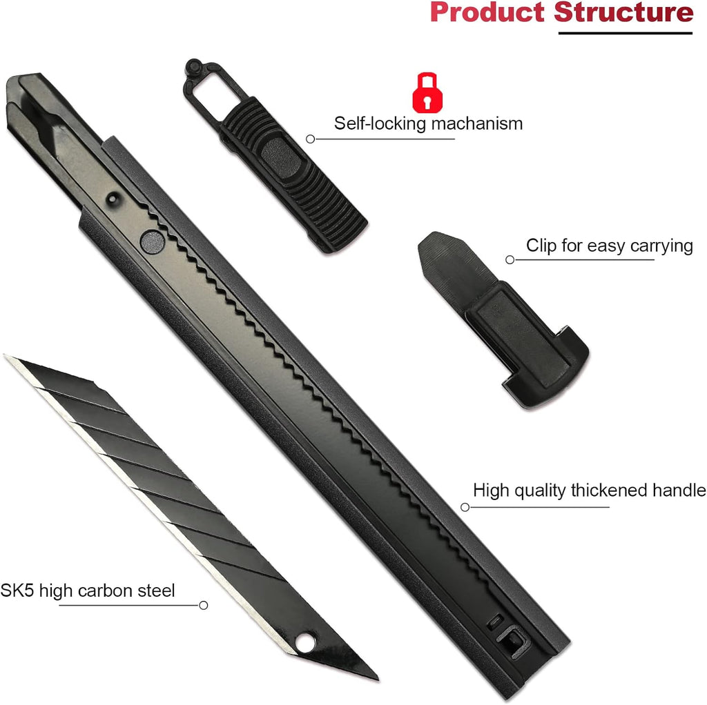 Retractable Utility Knife with 30 Degree Snap off Blade 9MM, Box Cutter for Carton, Cardboard and Box, Office, Home Use, 3 Pack Black Aluminum Handle Knife ​With Extra 30 Replacement Blades