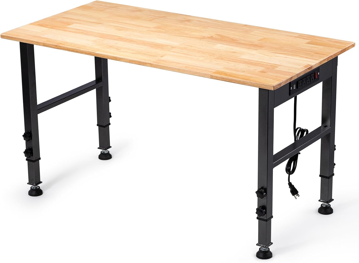 48 Inch Adjustable Height Workbench, 1500 LBS Capacity Garage Work Table with Power Outlets, USB Ports & Pegboard, Solid Wood Top Work Bench for Workshop, Office, Garage