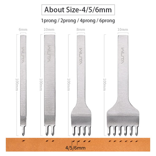 Leather Hole Punch Tool Pricking Iron Hole Puncher 3Mm 1/2/4/6 Prong Tooth Lacing Diamond Stitching Chisel Set for DIY Leather Craft Kits (Silver)