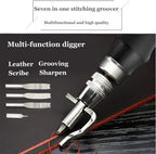 Leather Groover Tool(Black), 7 in 1 Pro Adjustable Stitching Groover and Creasing Edge Beveler, Leathercraft Kits, Leather Carving Cutting Edge Tools for Leathercraft Work