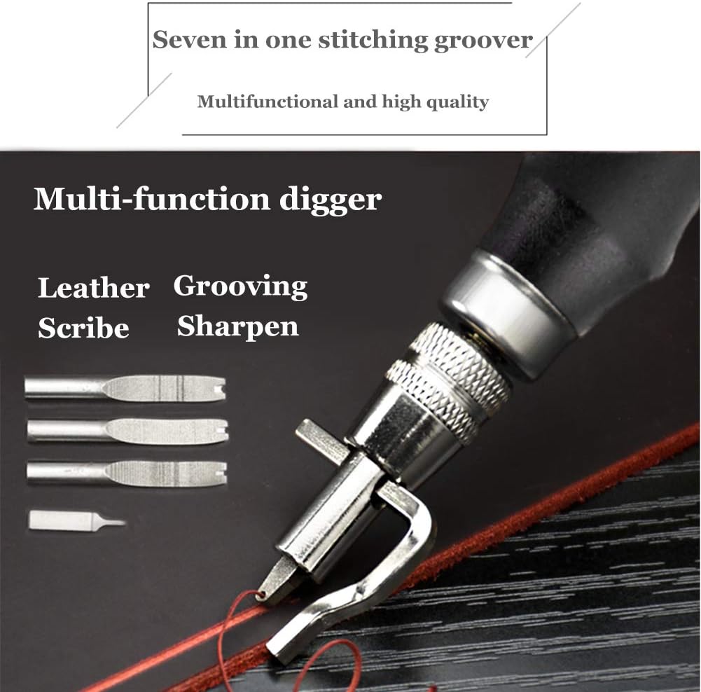 Leather Groover Tool(Black), 7 in 1 Pro Adjustable Stitching Groover and Creasing Edge Beveler, Leathercraft Kits, Leather Carving Cutting Edge Tools for Leathercraft Work