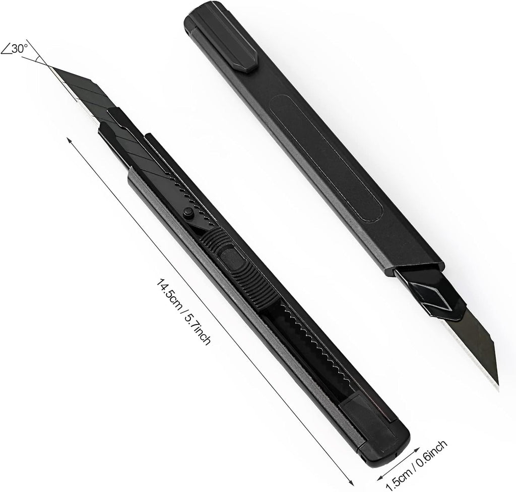 Retractable Utility Knife with 30 Degree Snap off Blade 9MM, Box Cutter for Carton, Cardboard and Box, Office, Home Use, 3 Pack Black Aluminum Handle Knife ​With Extra 30 Replacement Blades