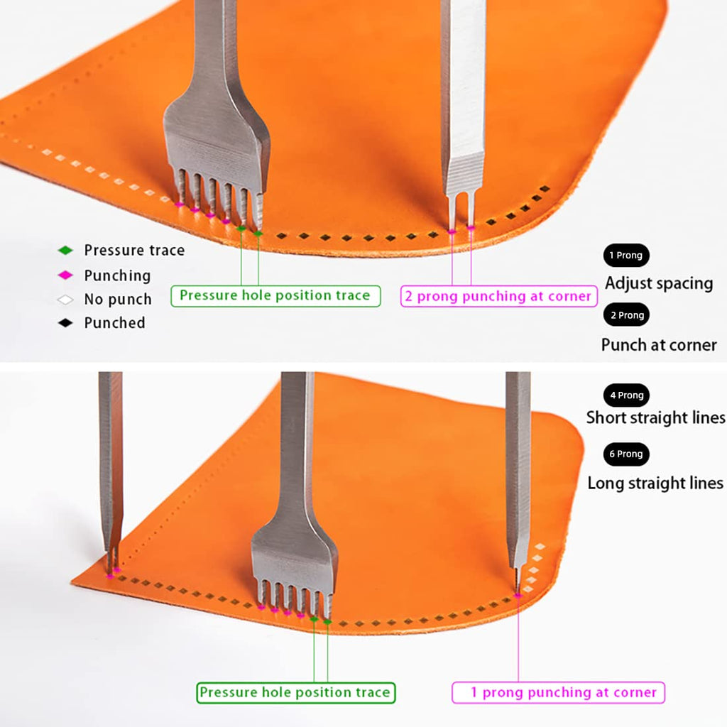 Leather Hole Punch Tool Pricking Iron Hole Puncher 3Mm 1/2/4/6 Prong Tooth Lacing Diamond Stitching Chisel Set for DIY Leather Craft Kits (Silver)