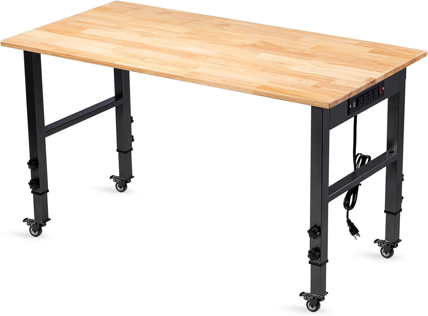 48 Inch Adjustable Height Workbench, 1500 LBS Capacity Garage Work Table with Power Outlets, USB Ports & Pegboard, Solid Wood Top Work Bench for Workshop, Office, Garage