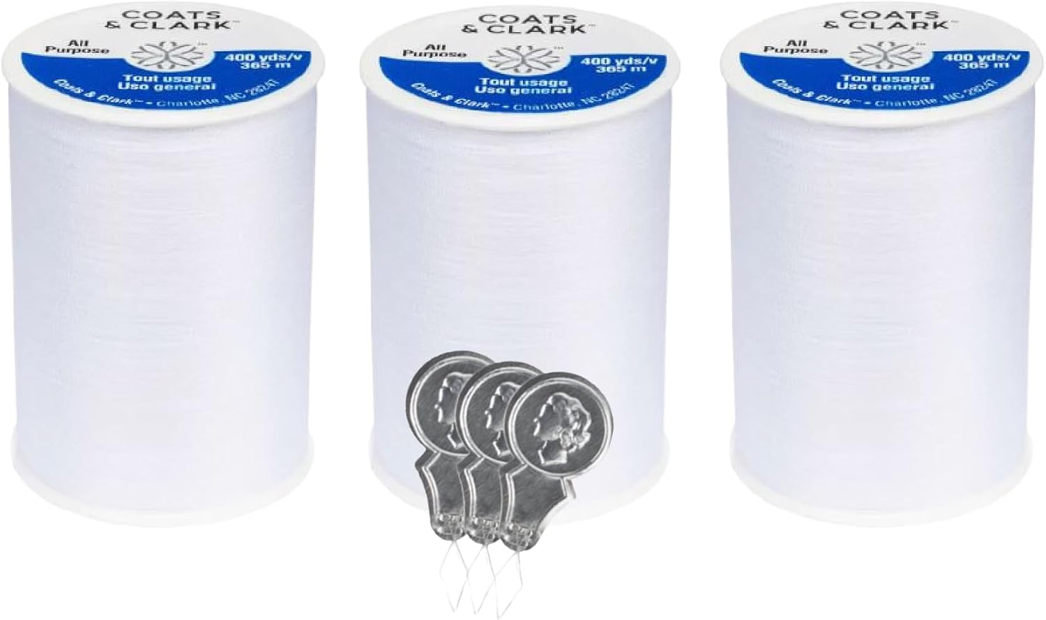 Coats & Clark Dual Duty All Purpose Sewing Thread 230A 400 Yards Each Spool 3 Pack Bundle with  Needle Threaders (Natural)