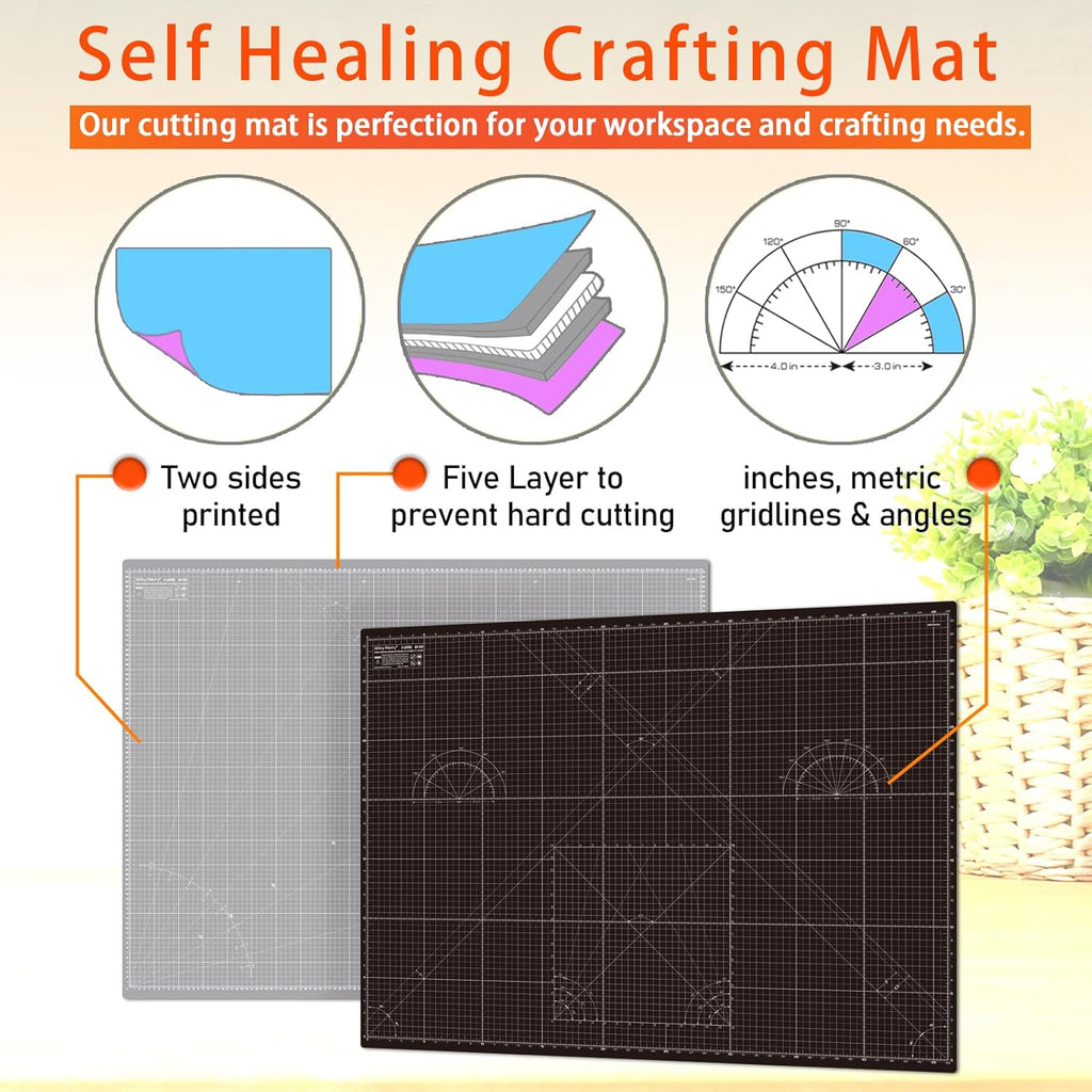 A2 Cutting Mat around 18" X 24", Self Healing Double Sided 5-Ply Mat for Crafts, Fabric, Sewing, Quilting, Workbench, Scrapbooking, Projects - Black/Gray