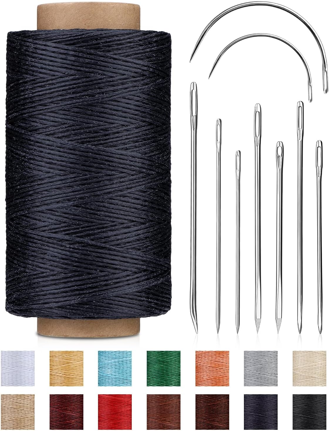218 Yards Waxed Thread, Leather Sewing Waxed Thread with Heavy Duty Sewing Needles, Leather Thread for Hand Stitching Leathercraft Repair Furniture Shoes Bags Sofa (Black)