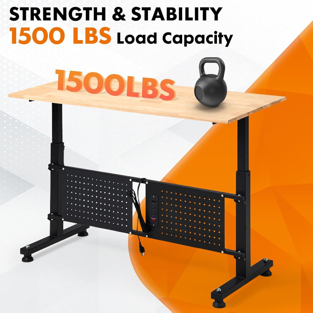 48 Inch Adjustable Height Workbench, 1500 LBS Capacity Garage Work Table with Power Outlets, USB Ports & Pegboard, Solid Wood Top Work Bench for Workshop, Office, Garage