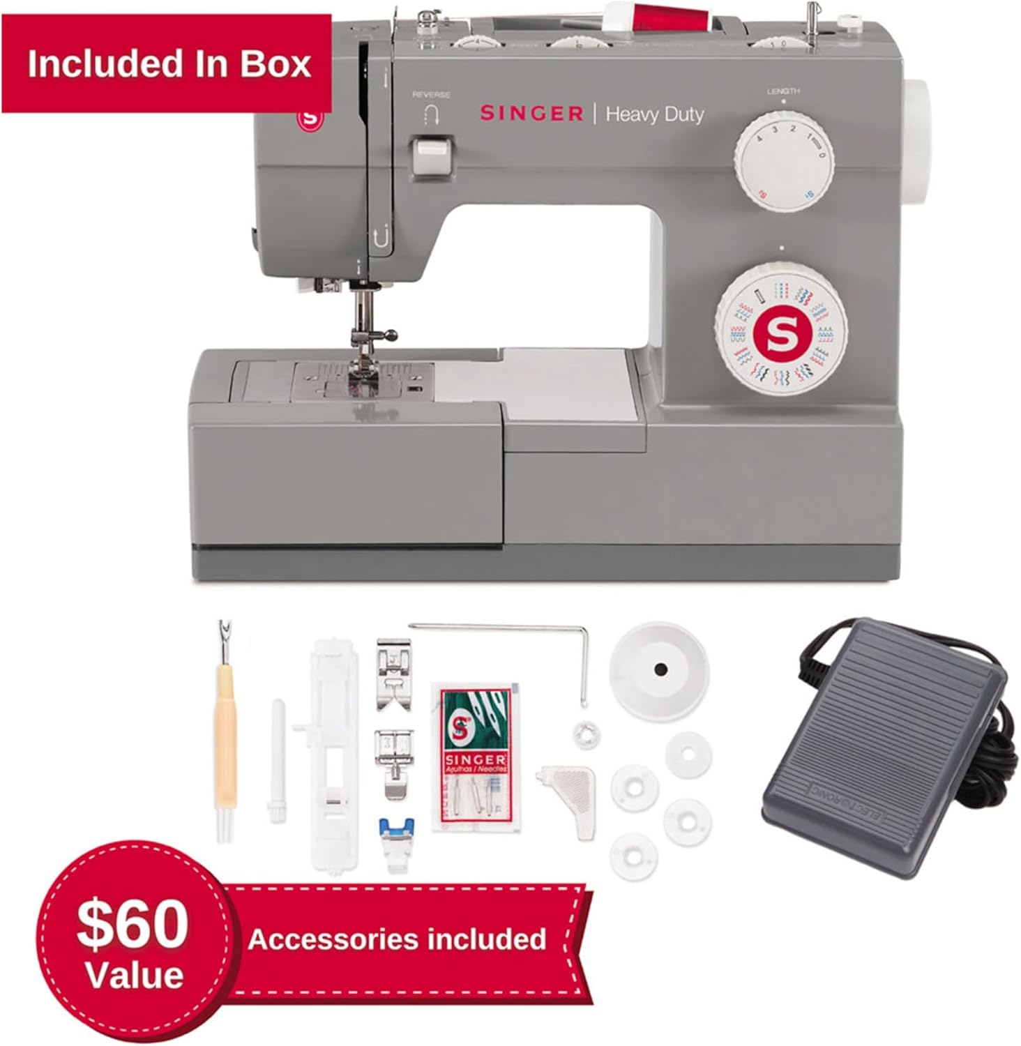 SINGER Heavy Duty 4432 (Grey) High Speed Sewing Machine +Accessory Kit | 32 Built-In Stitches Deliver 110 Stitch Applications | 50% More Power for Thick Fabrics, 1100 Stitches/Min, 1-Step Buttonhole