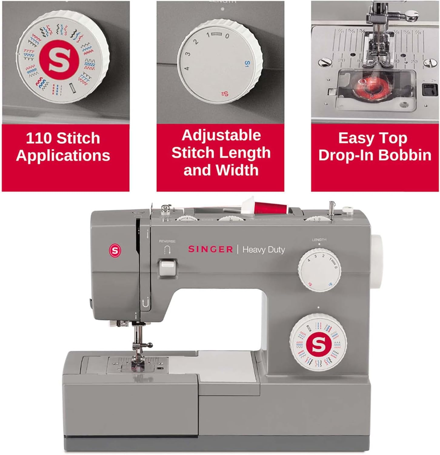 SINGER Heavy Duty 4432 (Grey) High Speed Sewing Machine +Accessory Kit | 32 Built-In Stitches Deliver 110 Stitch Applications | 50% More Power for Thick Fabrics, 1100 Stitches/Min, 1-Step Buttonhole