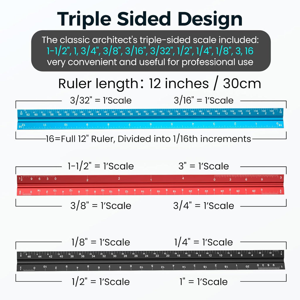 Architectural Scale Ruler: 12" Imperial Aluminum Alloy Metal Architecture Measuring Tools, Engineering Drafting Construction Drawing Blueprints Triangular Architect Scaling Rulers 12 Inches