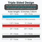 Architectural Scale Ruler: 12" Imperial Aluminum Alloy Metal Architecture Measuring Tools, Engineering Drafting Construction Drawing Blueprints Triangular Architect Scaling Rulers 12 Inches