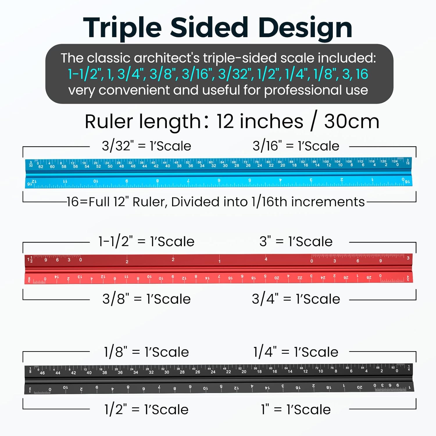 Architectural Scale Ruler: 12" Imperial Aluminum Alloy Metal Architecture Measuring Tools, Engineering Drafting Construction Drawing Blueprints Triangular Architect Scaling Rulers 12 Inches