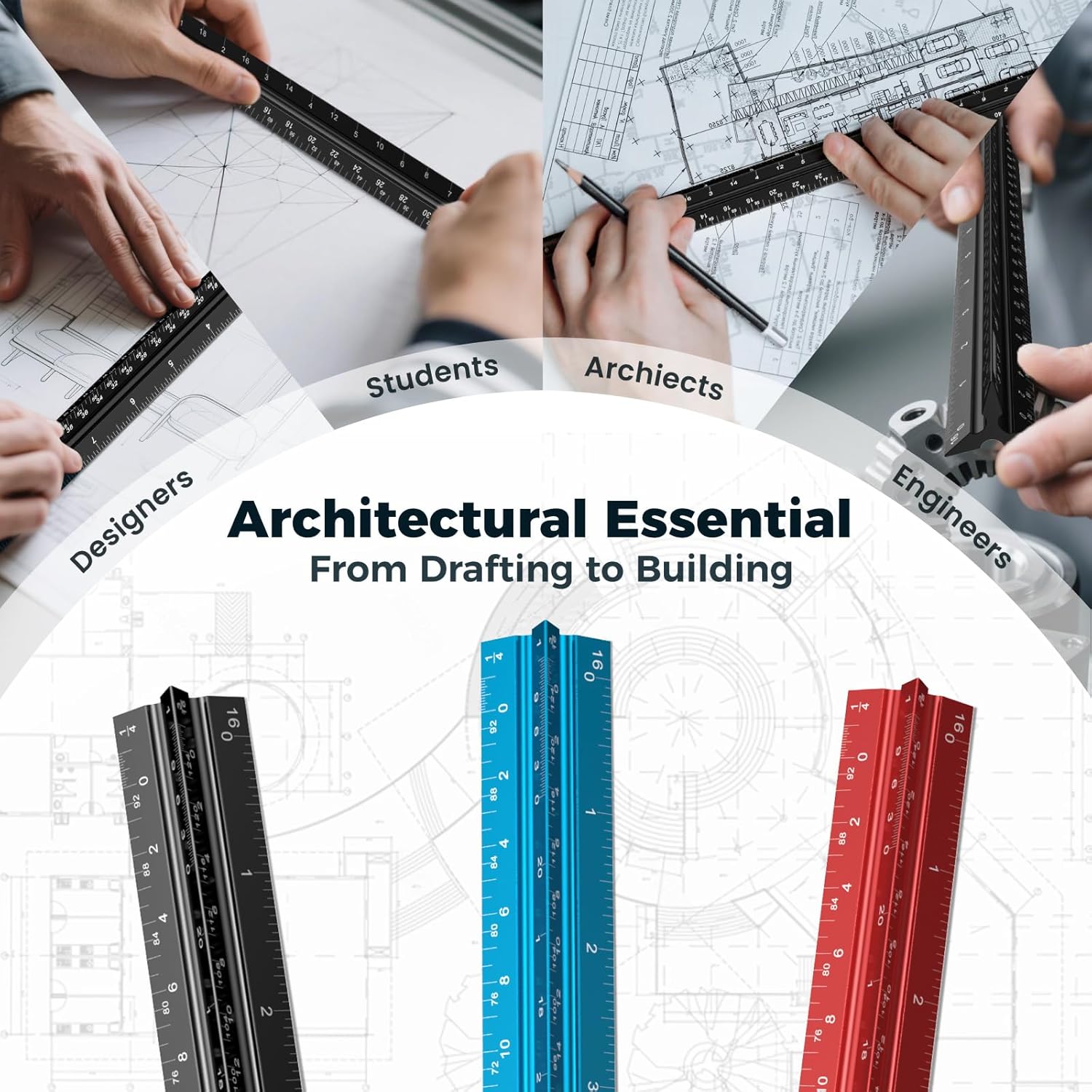 Architectural Scale Ruler: 12" Imperial Aluminum Alloy Metal Architecture Measuring Tools, Engineering Drafting Construction Drawing Blueprints Triangular Architect Scaling Rulers 12 Inches