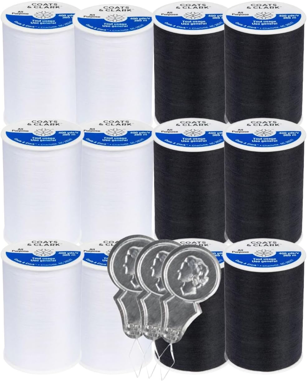 Coats & Clark Dual Duty All Purpose Sewing Thread 230A White 400 Yards Each Spool 12 Pack Bundle with  Needle Threaders (White)