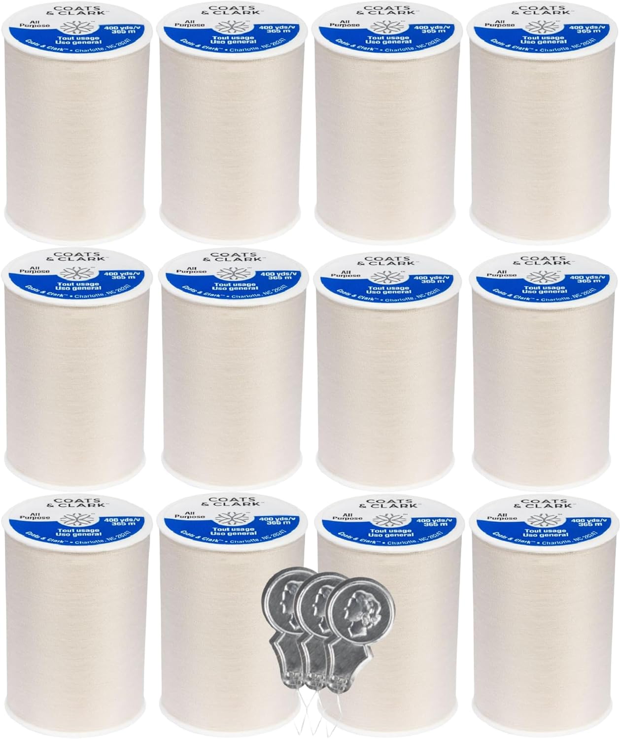Coats & Clark Dual Duty All Purpose Sewing Thread 230A White 400 Yards Each Spool 12 Pack Bundle with  Needle Threaders (White)