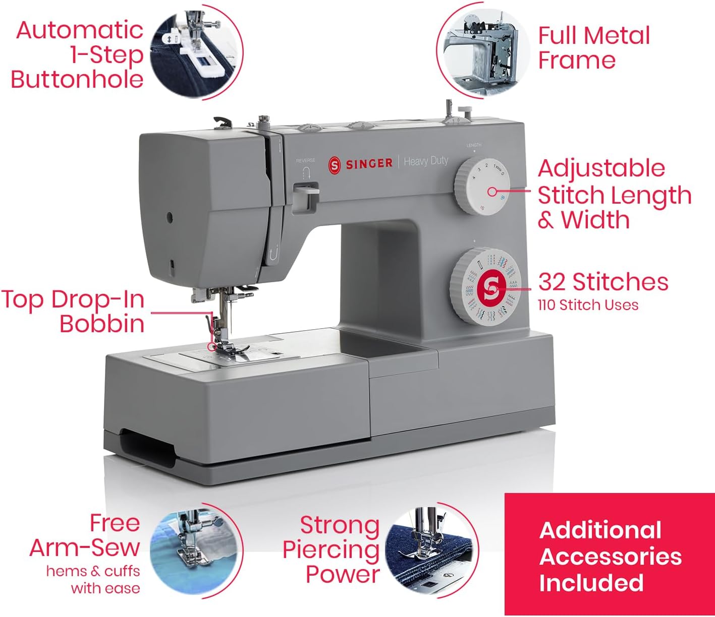 SINGER Heavy Duty 4432 (Grey) High Speed Sewing Machine +Accessory Kit | 32 Built-In Stitches Deliver 110 Stitch Applications | 50% More Power for Thick Fabrics, 1100 Stitches/Min, 1-Step Buttonhole