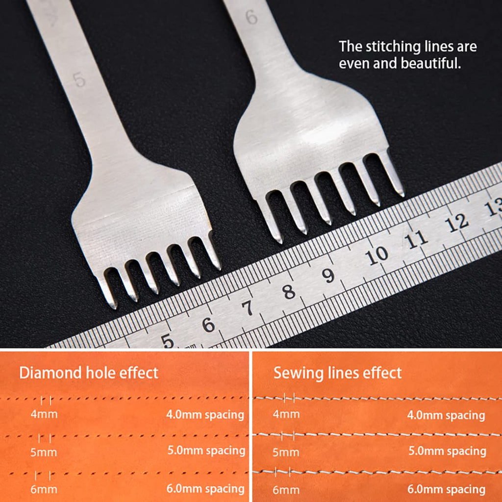 Leather Hole Punch Tool Pricking Iron Hole Puncher 3Mm 1/2/4/6 Prong Tooth Lacing Diamond Stitching Chisel Set for DIY Leather Craft Kits (Silver)