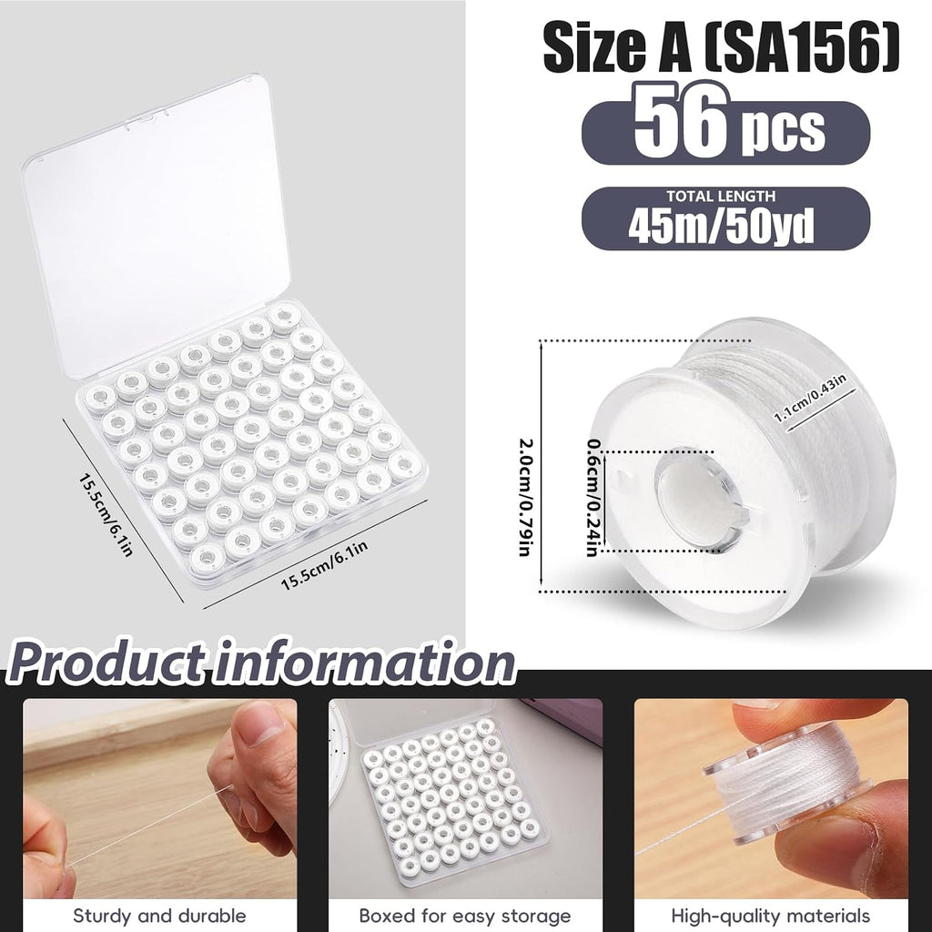 56Pcs White Thread for Sewing, Embroidery Bobbins, Prewound Bobbins Thread Size a SA156 Sewing Machine Threads Set for Embroidery and Sewing Machines DIY 50Yds/Spool