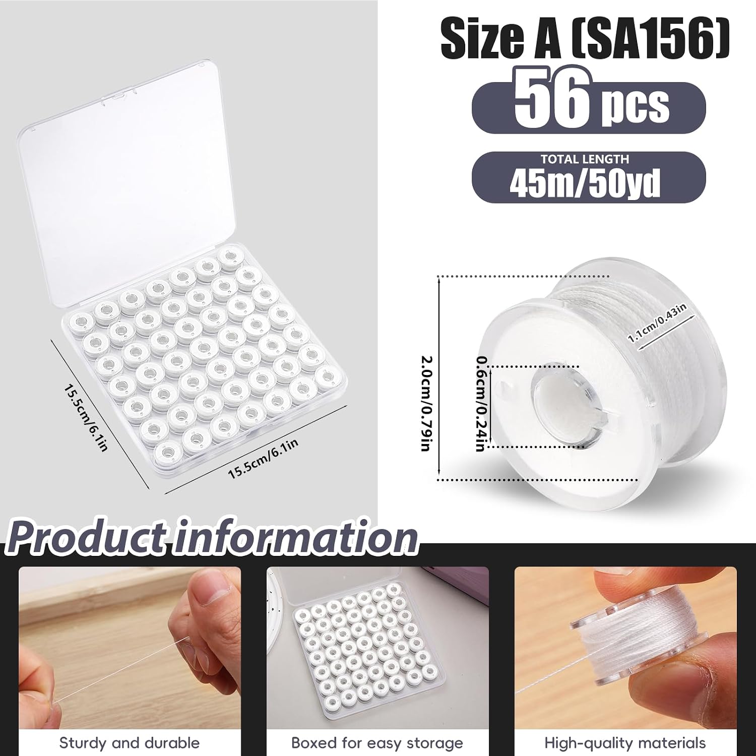 56Pcs White Thread for Sewing, Embroidery Bobbins, Prewound Bobbins Thread Size a SA156 Sewing Machine Threads Set for Embroidery and Sewing Machines DIY 50Yds/Spool