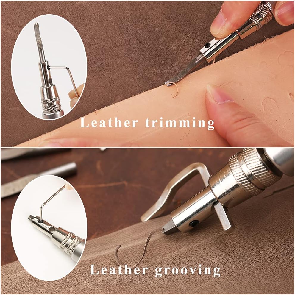 Leather Groover Tool(Black), 7 in 1 Pro Adjustable Stitching Groover and Creasing Edge Beveler, Leathercraft Kits, Leather Carving Cutting Edge Tools for Leathercraft Work