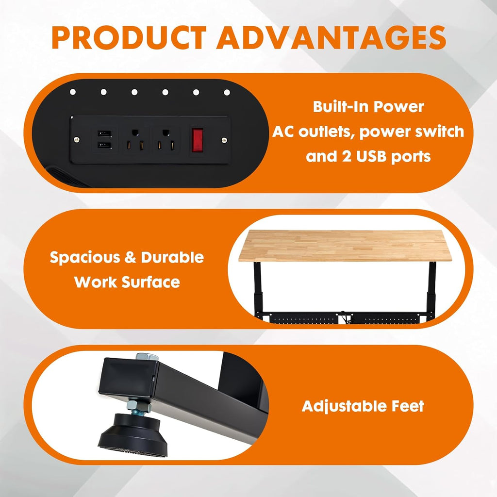 48 Inch Adjustable Height Workbench, 1500 LBS Capacity Garage Work Table with Power Outlets, USB Ports & Pegboard, Solid Wood Top Work Bench for Workshop, Office, Garage