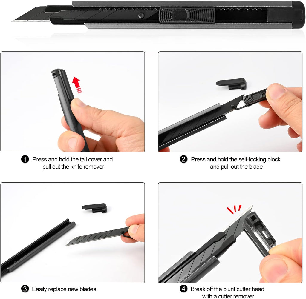 Retractable Utility Knife with 30 Degree Snap off Blade 9MM, Box Cutter for Carton, Cardboard and Box, Office, Home Use, 3 Pack Black Aluminum Handle Knife ​With Extra 30 Replacement Blades