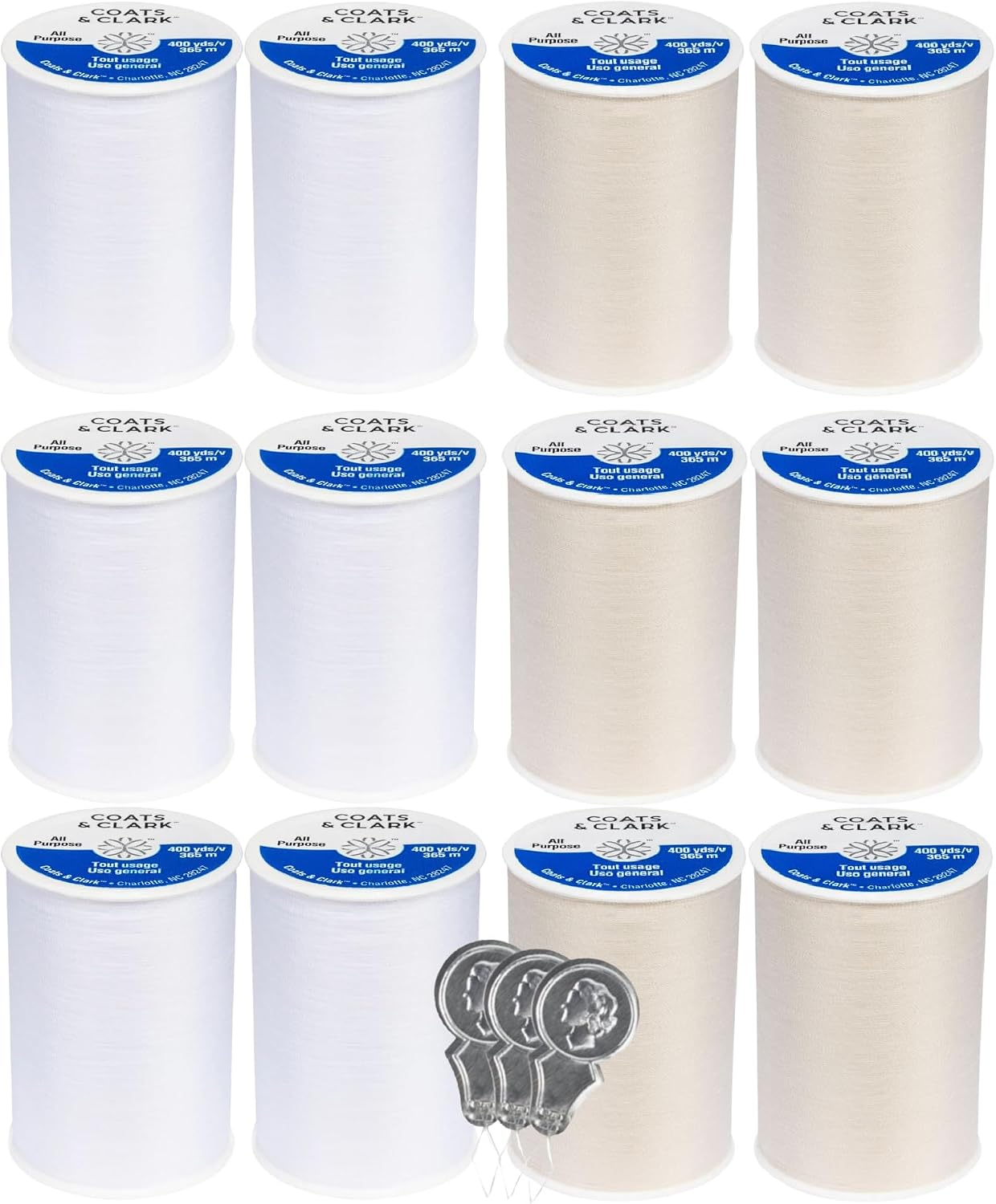 Coats & Clark Dual Duty All Purpose Sewing Thread 230A White 400 Yards Each Spool 12 Pack Bundle with  Needle Threaders (White)