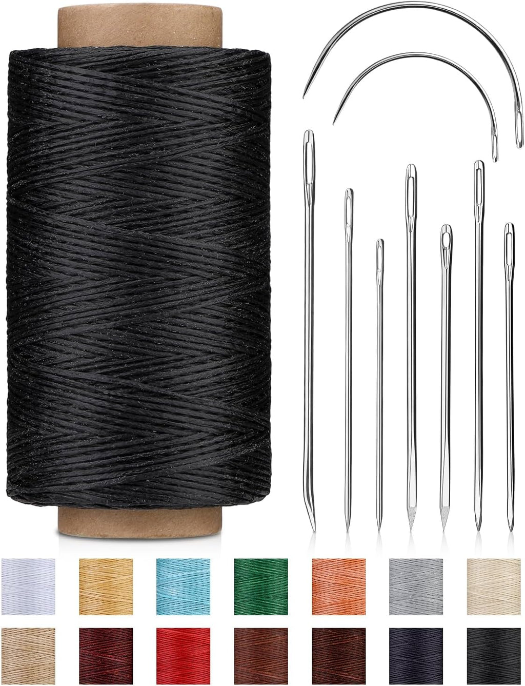 218 Yards Waxed Thread, Leather Sewing Waxed Thread with Heavy Duty Sewing Needles, Leather Thread for Hand Stitching Leathercraft Repair Furniture Shoes Bags Sofa (Black)