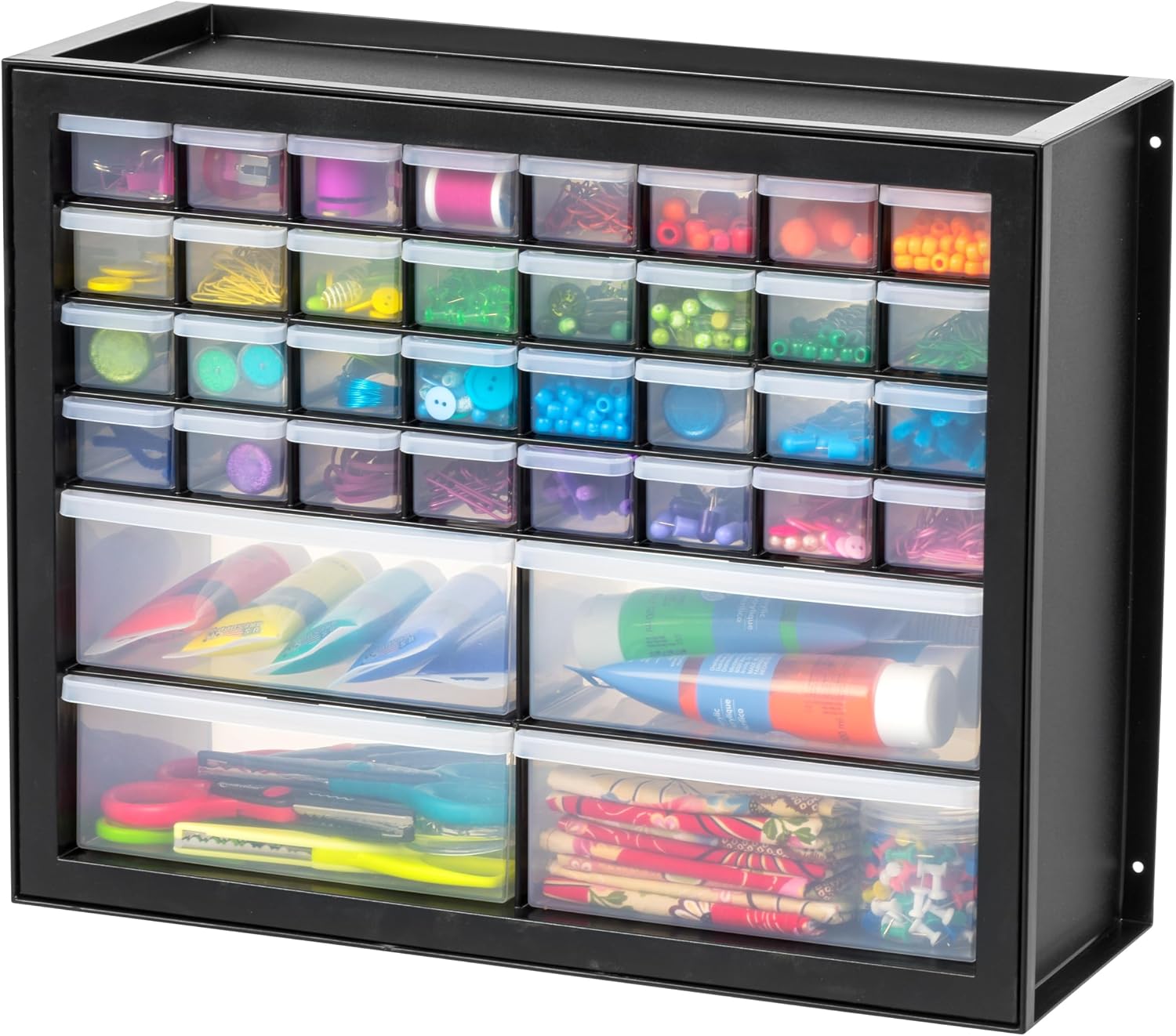 24-Drawer Plastic Storage Organizer, Made in USA, Teacher Toolbox, Multi Drawer Cabinet for Garage Tools Beads Balloons Building Bricks Crafts Stickers Small Business Scrapbook Art, Black