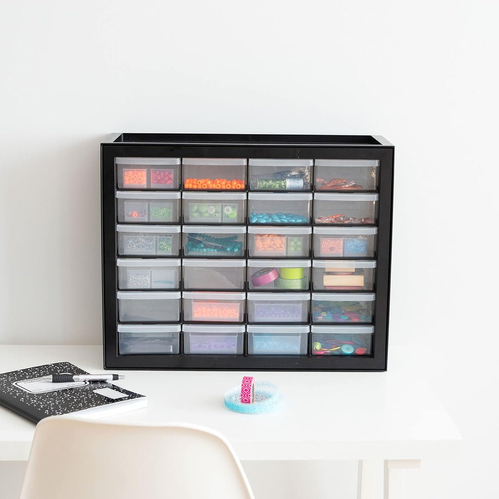 24-Drawer Plastic Storage Organizer, Made in USA, Teacher Toolbox, Multi Drawer Cabinet for Garage Tools Beads Balloons Building Bricks Crafts Stickers Small Business Scrapbook Art, Black