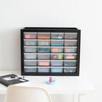 24-Drawer Plastic Storage Organizer, Made in USA, Teacher Toolbox, Multi Drawer Cabinet for Garage Tools Beads Balloons Building Bricks Crafts Stickers Small Business Scrapbook Art, Black