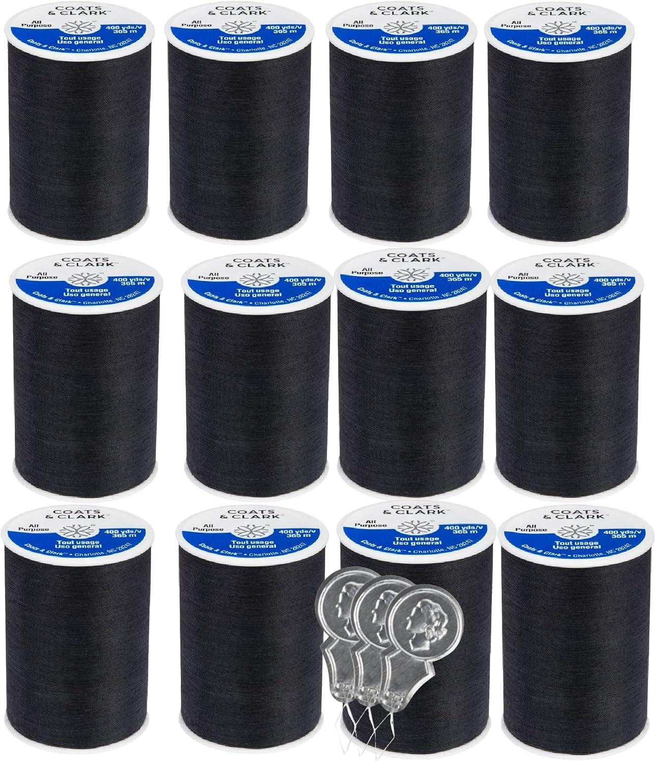 Coats & Clark Dual Duty All Purpose Sewing Thread 230A White 400 Yards Each Spool 12 Pack Bundle with  Needle Threaders (White)