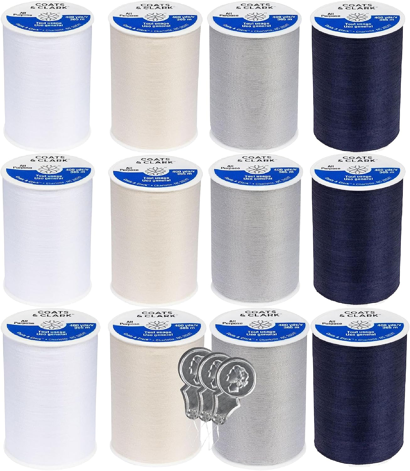 Coats & Clark Dual Duty All Purpose Sewing Thread 230A White 400 Yards Each Spool 12 Pack Bundle with  Needle Threaders (White)