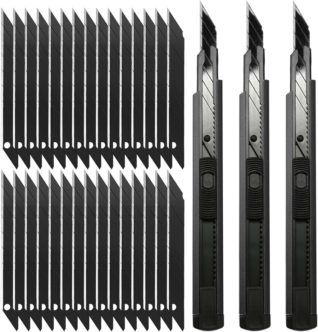 Retractable Utility Knife with 30 Degree Snap off Blade 9MM, Box Cutter for Carton, Cardboard and Box, Office, Home Use, 3 Pack Black Aluminum Handle Knife ​With Extra 30 Replacement Blades