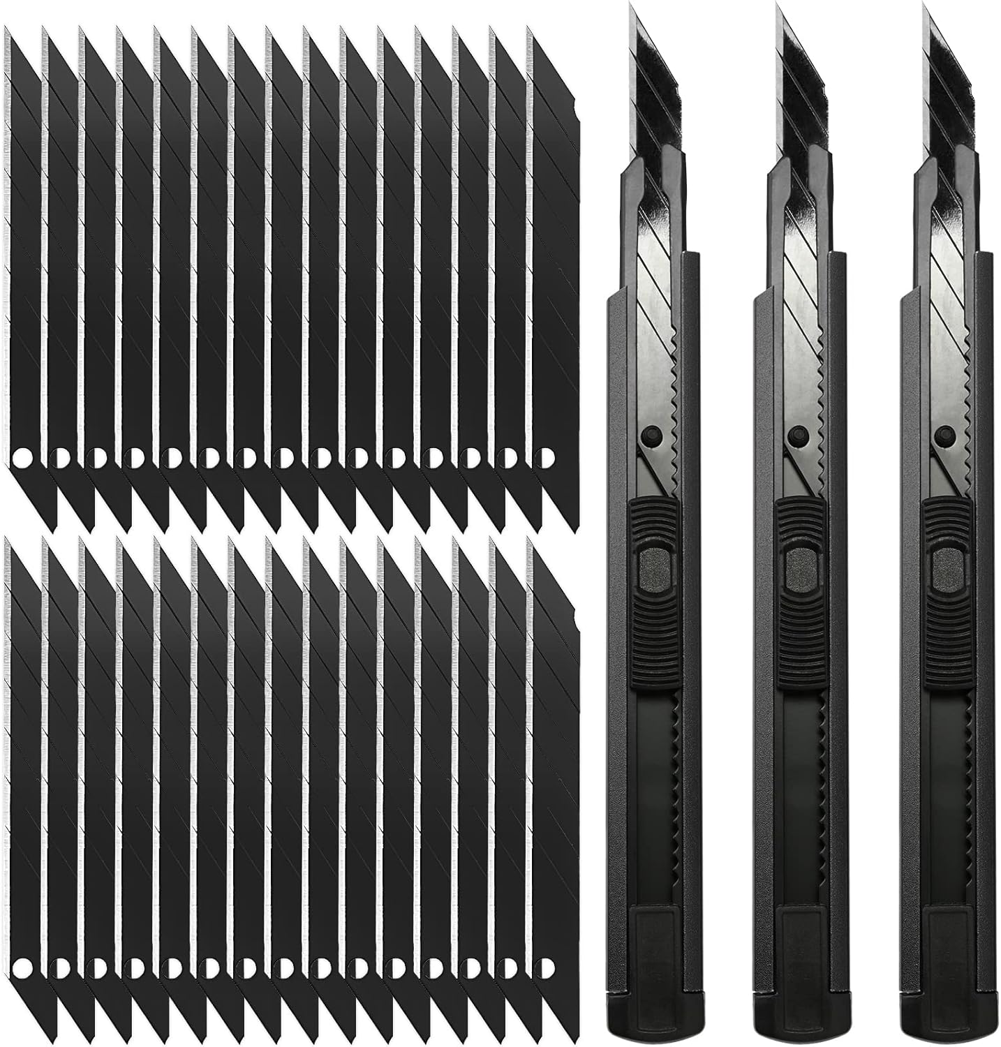Retractable Utility Knife with 30 Degree Snap off Blade 9MM, Box Cutter for Carton, Cardboard and Box, Office, Home Use, 3 Pack Black Aluminum Handle Knife ​With Extra 30 Replacement Blades