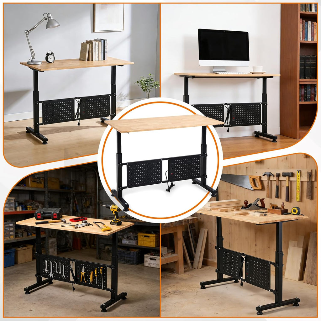 48 Inch Adjustable Height Workbench, 1500 LBS Capacity Garage Work Table with Power Outlets, USB Ports & Pegboard, Solid Wood Top Work Bench for Workshop, Office, Garage