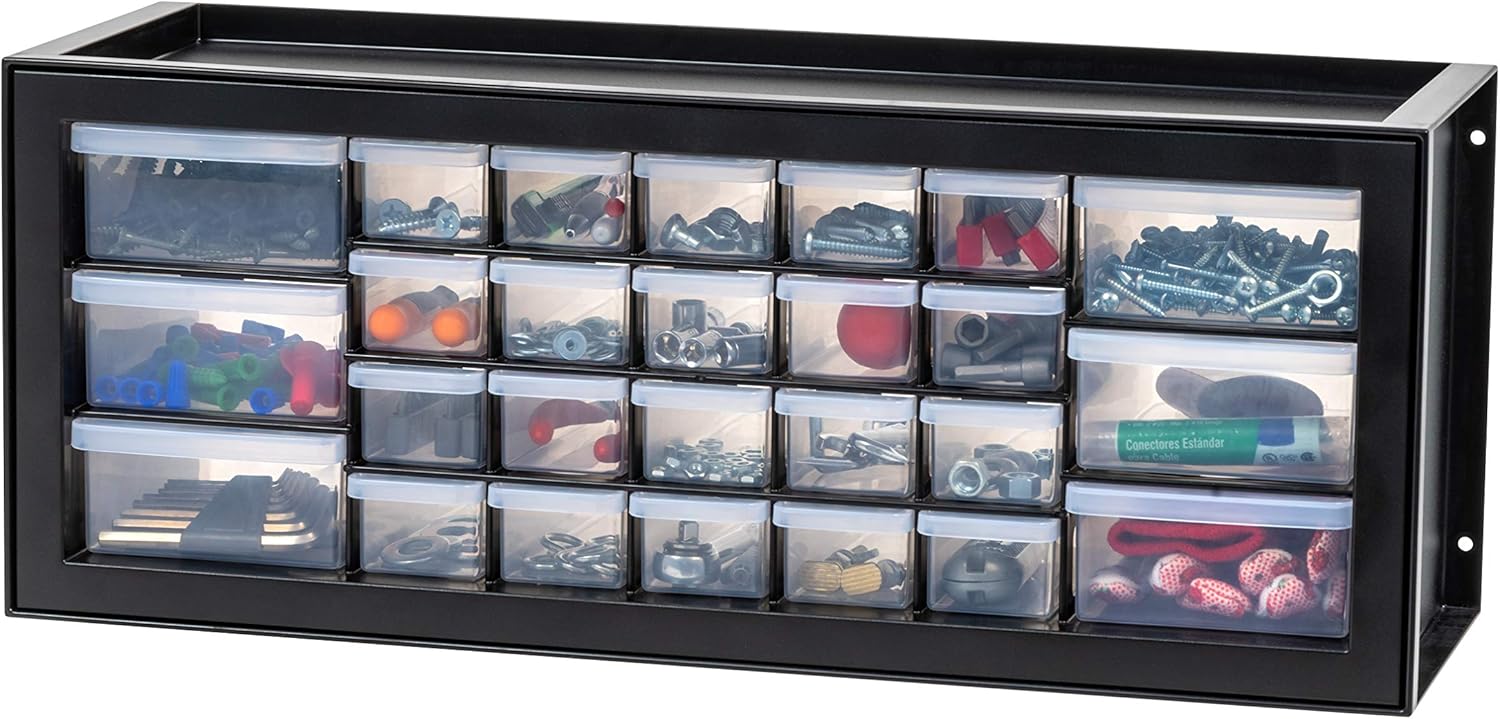 24-Drawer Plastic Storage Organizer, Made in USA, Teacher Toolbox, Multi Drawer Cabinet for Garage Tools Beads Balloons Building Bricks Crafts Stickers Small Business Scrapbook Art, Black