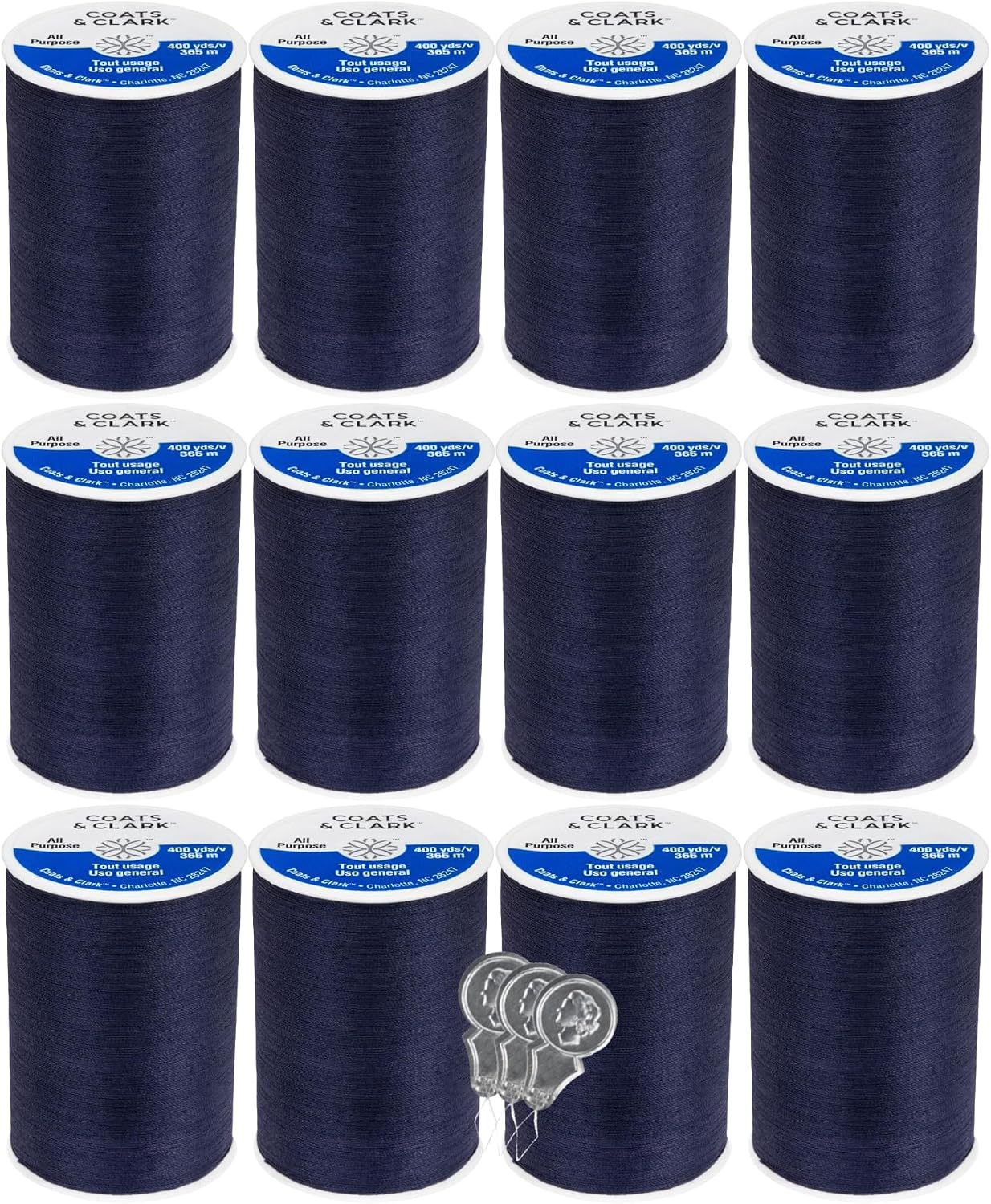 Coats & Clark Dual Duty All Purpose Sewing Thread 230A White 400 Yards Each Spool 12 Pack Bundle with  Needle Threaders (White)