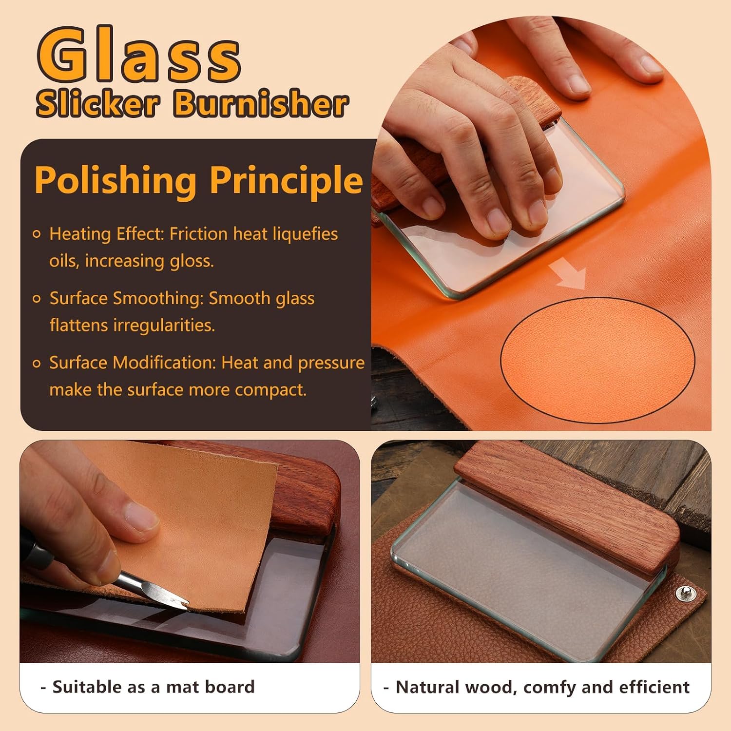 Leathercraft Glass Slicker for Burnishing Leather Leather Burnishing Tool with Brazilian Rosewood Handle Leather Working Tools Professional Leather Block Smoothing Tool