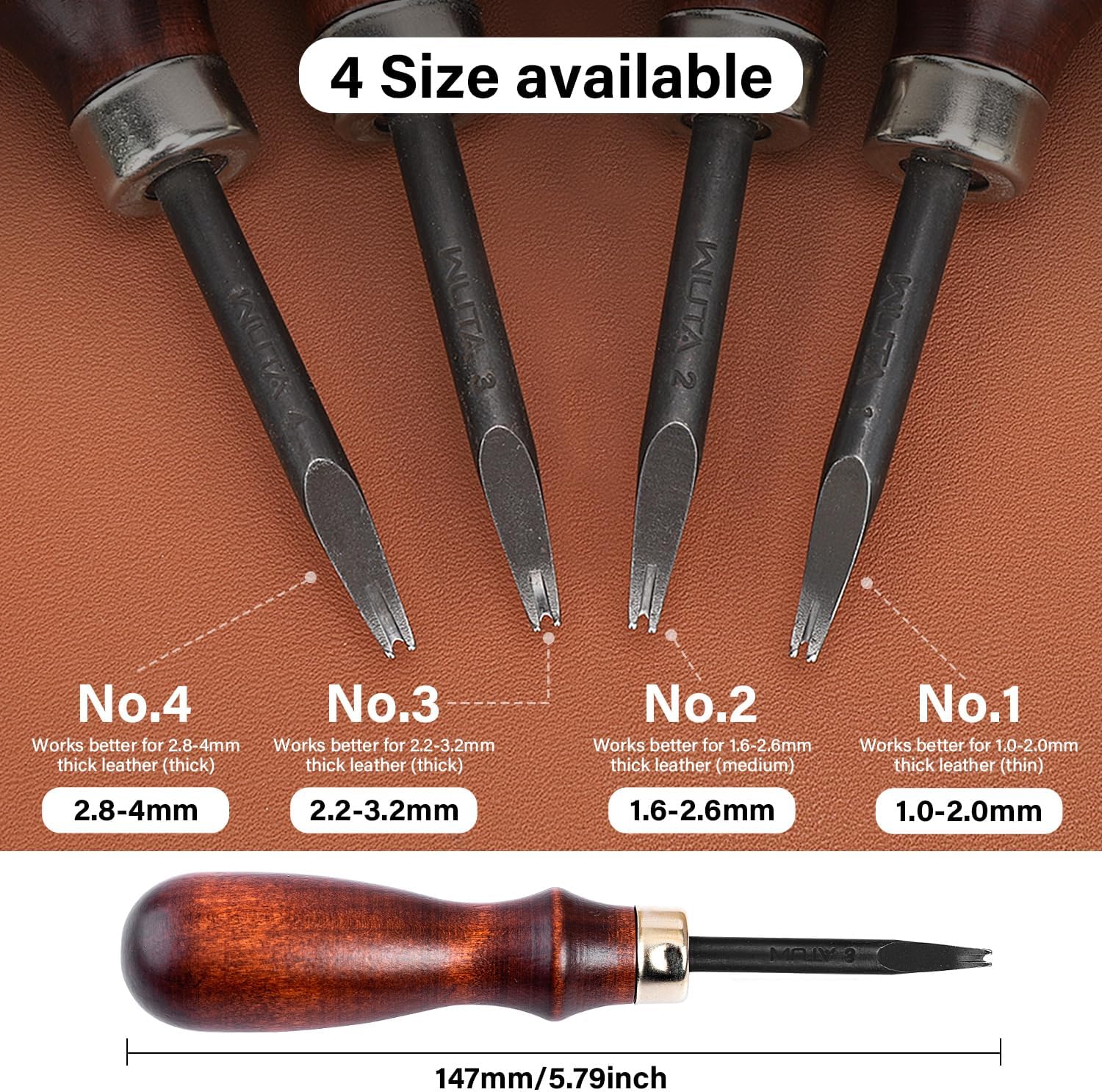 Leather Edge Bevelers, 4Pc High Carbon Steel Edge Skiving Set, Wood Hand Edge Bevelers, Leather Craft Keen Edge Cutting for Beveling (0.8Mm+1Mm+1.2Mm+1.4Mm)