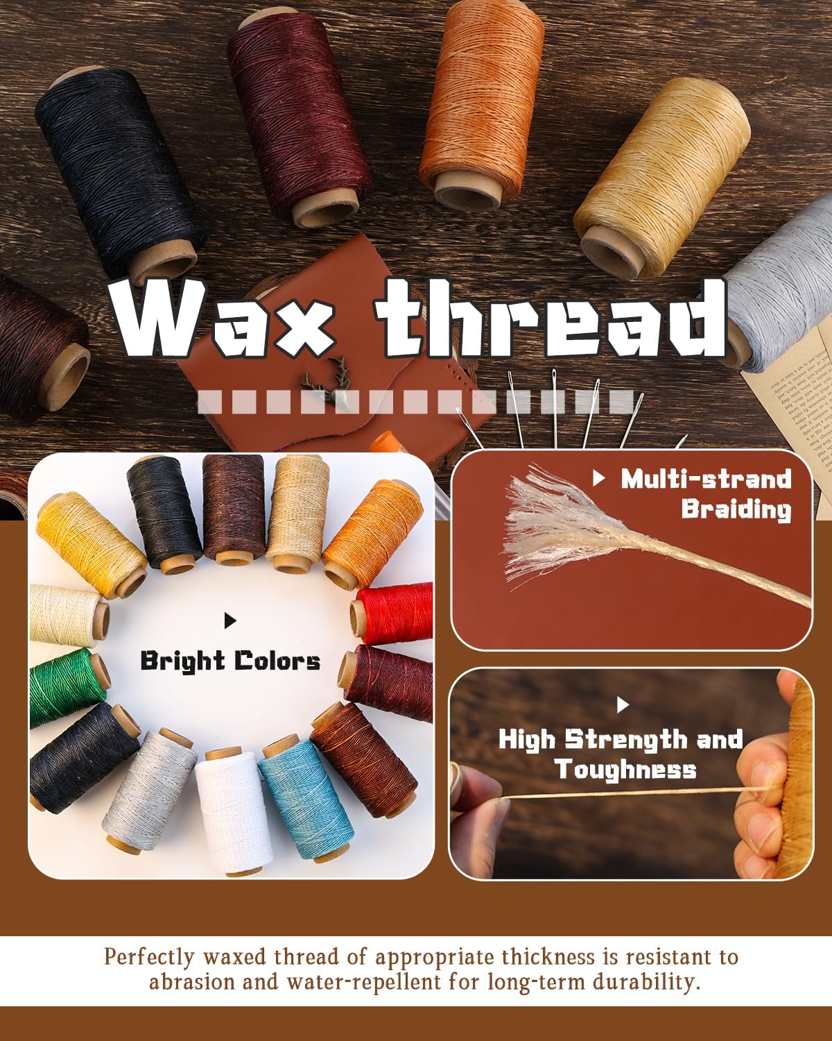 218 Yards Waxed Thread, Leather Sewing Waxed Thread with Heavy Duty Sewing Needles, Leather Thread for Hand Stitching Leathercraft Repair Furniture Shoes Bags Sofa (Black)