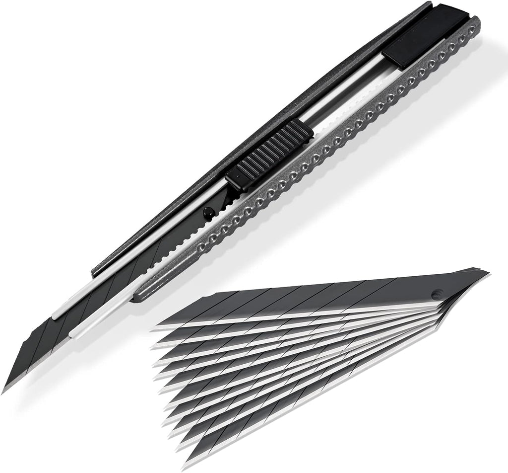 Utility Knife Retractable with 10PCS Snap off Blades, Stainless Steel Shell with Non-Slip Handle Box Cutter for Cardboard, Boxes and Cartons