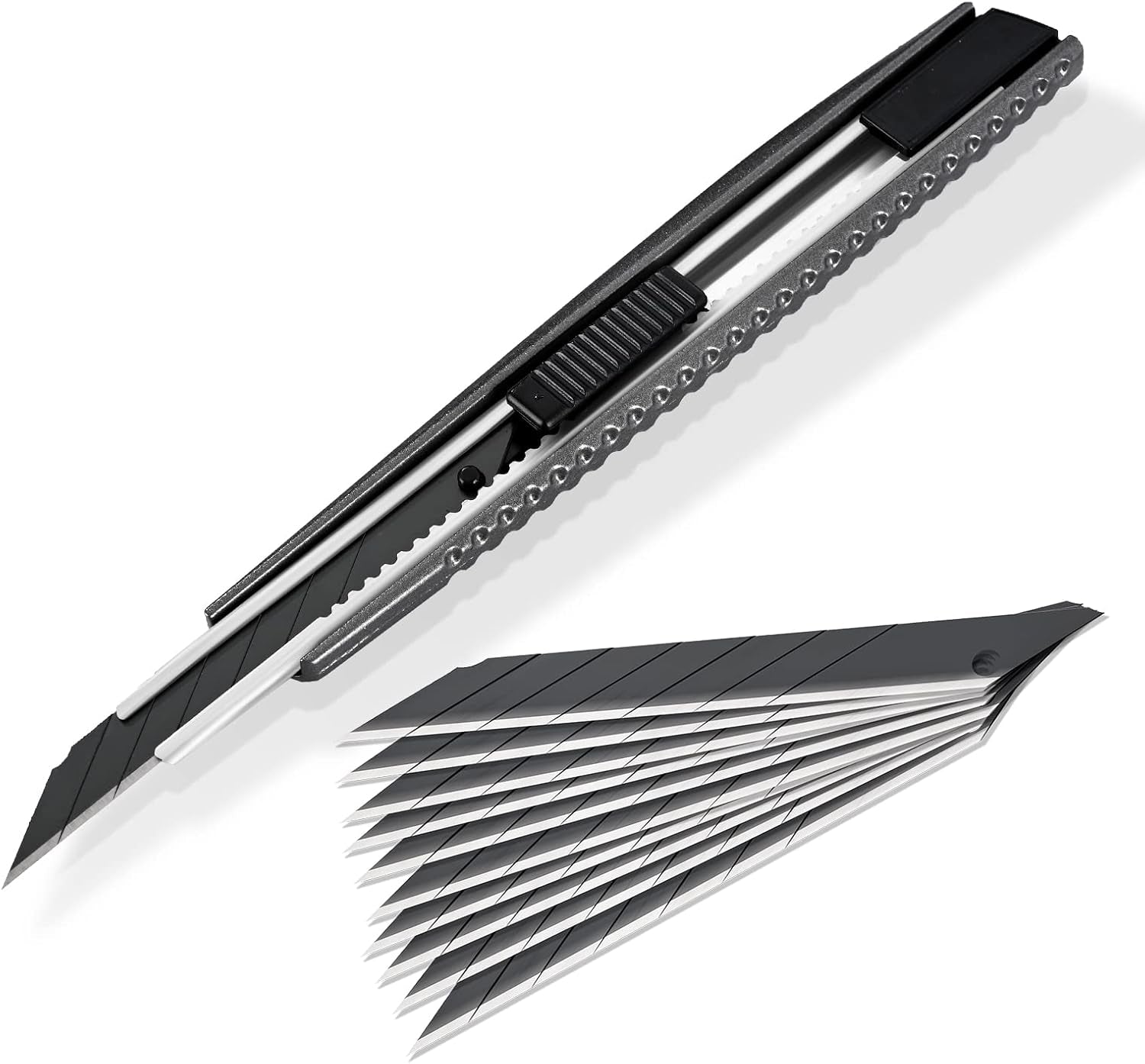 Utility Knife Retractable with 10PCS Snap off Blades, Stainless Steel Shell with Non-Slip Handle Box Cutter for Cardboard, Boxes and Cartons