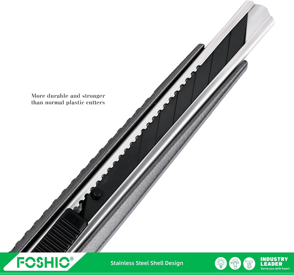 Utility Knife Retractable with 10PCS Snap off Blades, Stainless Steel Shell with Non-Slip Handle Box Cutter for Cardboard, Boxes and Cartons
