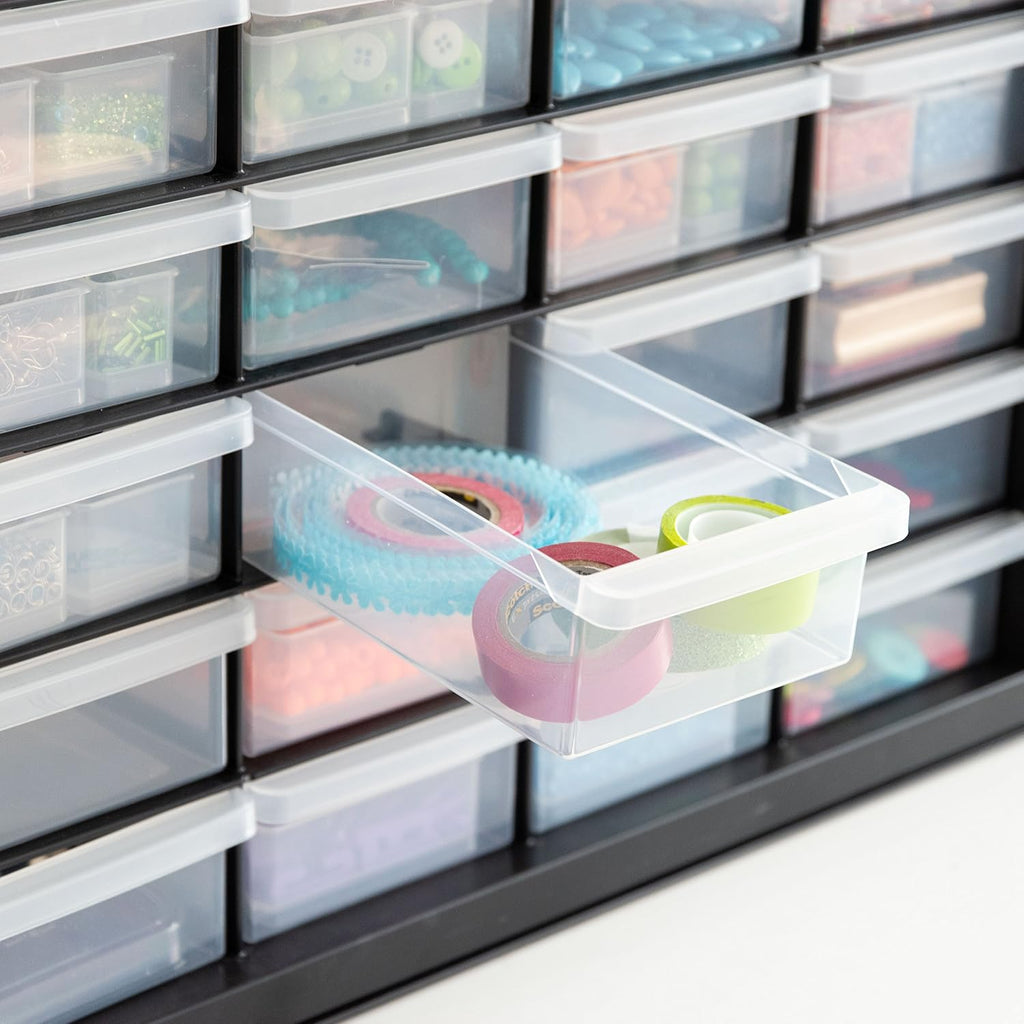 24-Drawer Plastic Storage Organizer, Made in USA, Teacher Toolbox, Multi Drawer Cabinet for Garage Tools Beads Balloons Building Bricks Crafts Stickers Small Business Scrapbook Art, Black