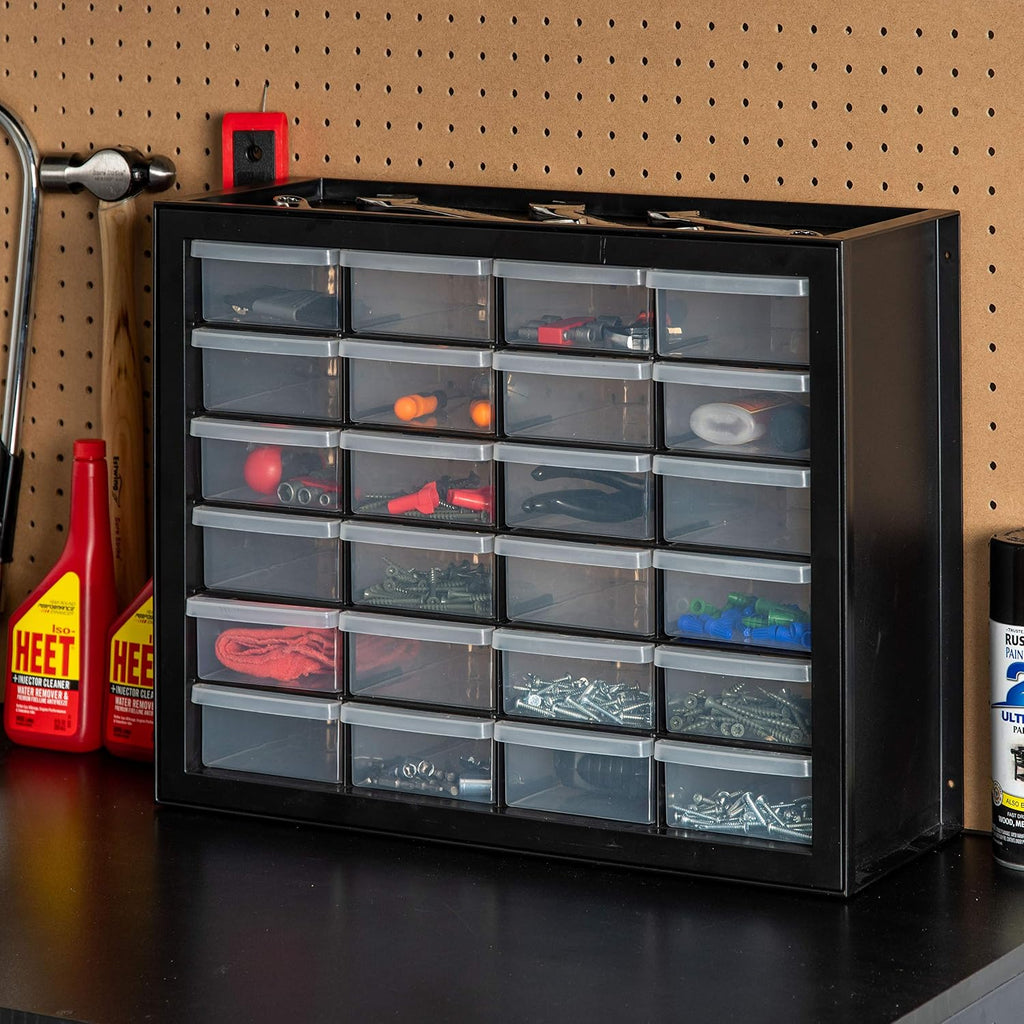 24-Drawer Plastic Storage Organizer, Made in USA, Teacher Toolbox, Multi Drawer Cabinet for Garage Tools Beads Balloons Building Bricks Crafts Stickers Small Business Scrapbook Art, Black